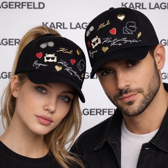 KARL LAGERFELD black multiple signature Pin Baseball CapHat NWT UNISEXY